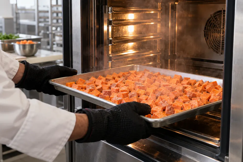 A cook loads a tray of plain frozen sweet potato pieces into a hot oven