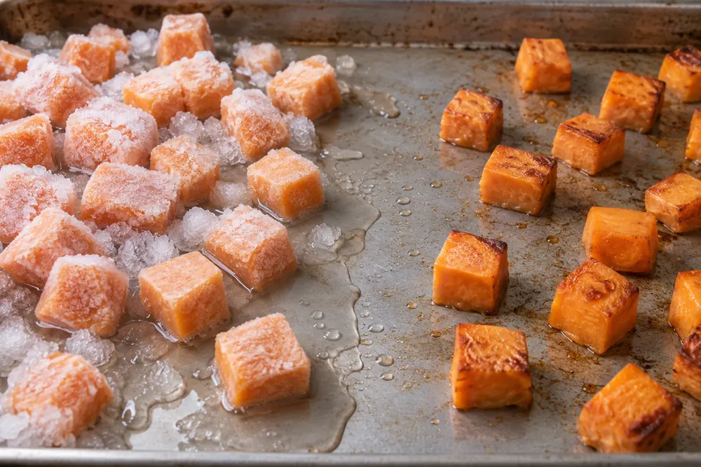 Frost and pooled water compared with dry browned sweet potato pieces