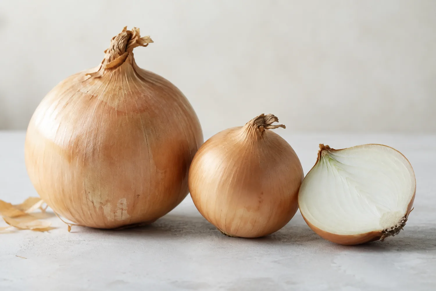 Large yellow onion, smaller yellow onion and cut onion half